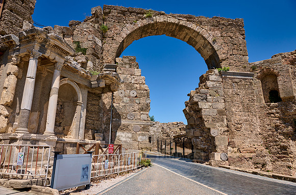 The Arch of the Inner Gate with Vespasian Fountain in ruins of the Roman city of Side