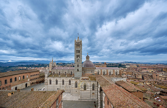 view over roofs of Siena to Cathedral of Siena