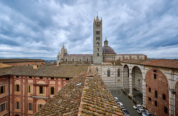 view over roofs of Siena to Cathedral of Siena