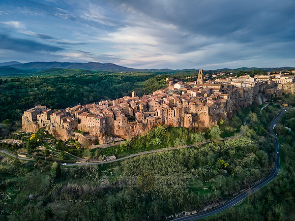 drone shot of medieval town Pitigliano