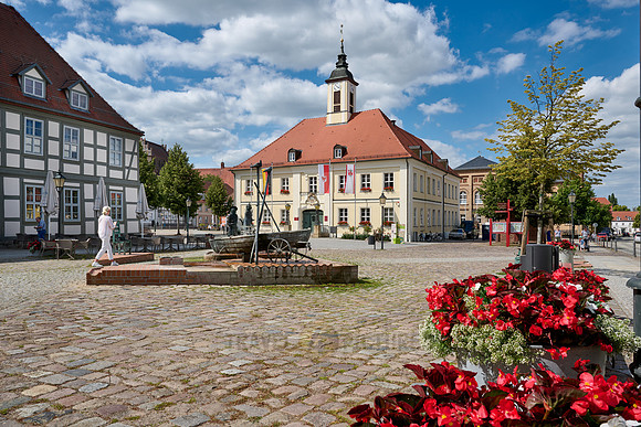 Fountain, Market Square and Historic Town Hall of Angermuende
