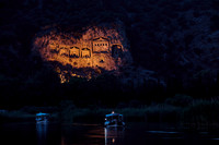 night shot of illuminated Lycian rock tombs in a rock face of Dalyan