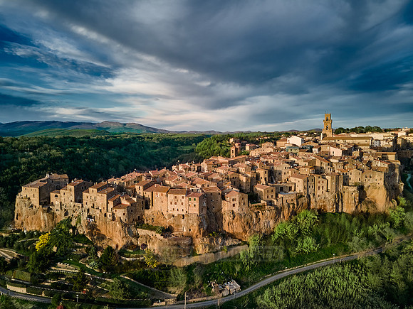 drone shot of medieval town Pitigliano