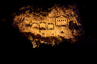 night shot of illuminated Lycian rock tombs in a rock face of Dalyan