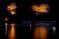 night shot of illuminated Lycian rock tombs in a rock face of Dalyan