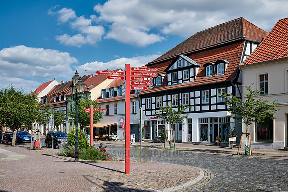 Signs and typical historic half-timbered houses in Angermuende