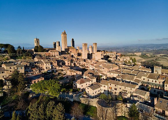drone shot of medieval town San Gimignano