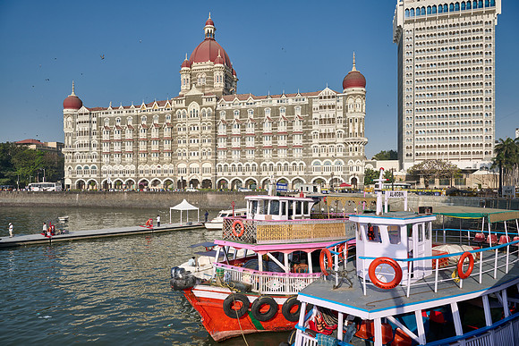 famous Taj Mahal Palace hotel at the harbour of Mumbai