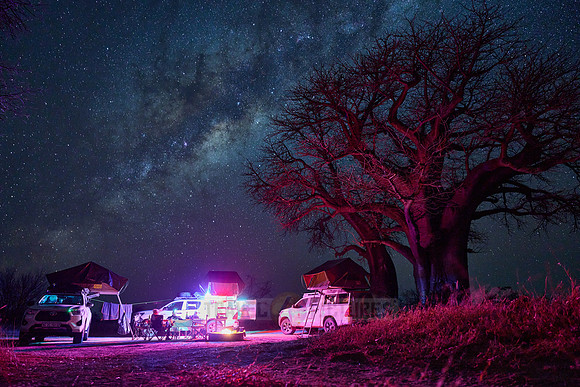 Night shot with Milky Way and Baobabs and camper at Baines Campsite 2