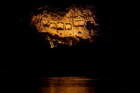 night shot of illuminated Lycian rock tombs in a rock face of Dalyan