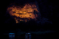 night shot of illuminated Lycian rock tombs in a rock face of Dalyan