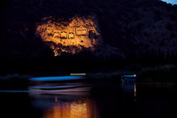 night shot of illuminated Lycian rock tombs in a rock face of Dalyan