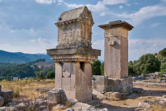Sarcophagus and Harpy Pillar in ruins of ancient city Xanthos