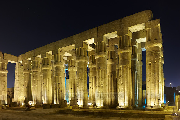 night shot of hypostyle hall and peristyle or Sun Court of Amenhotep III