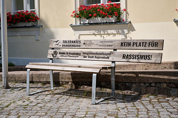 Bench against racism in front of the Town Hall of Angermuende