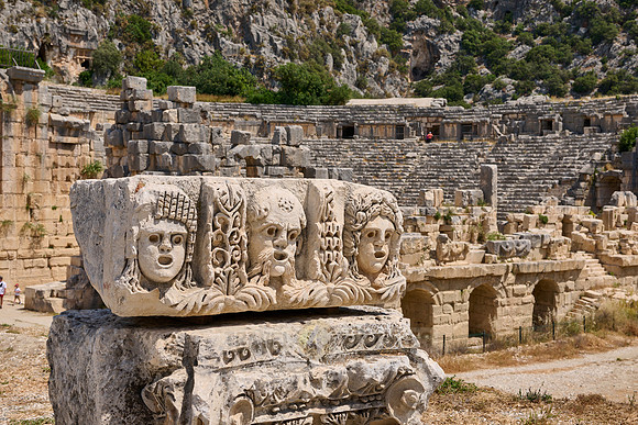 carved stone faces in front of Roman theatre in Myra