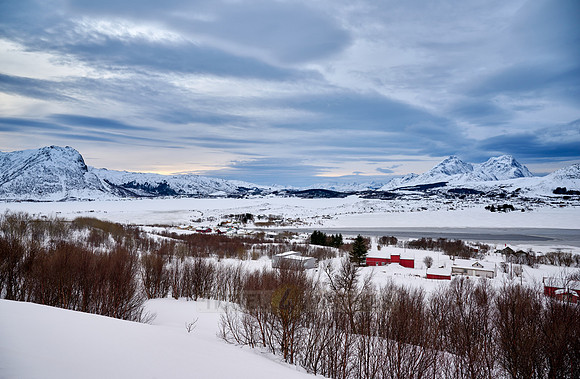 winter landscape of Vestvågøy seen from viewpoint of Torvdalshalsen rest point, Lofoten