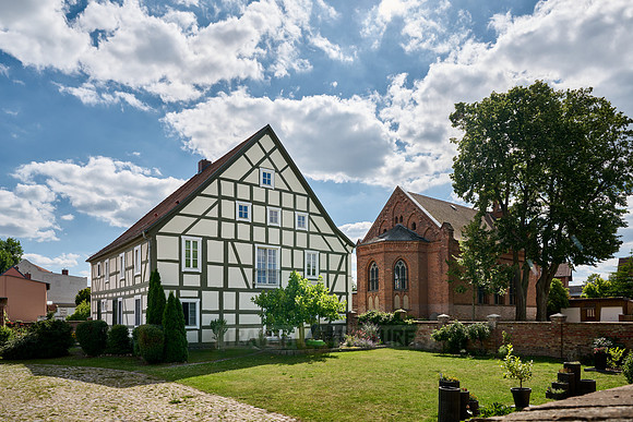 Executioner's House with Martins church, typical historic half-timbered houses in Angermuende