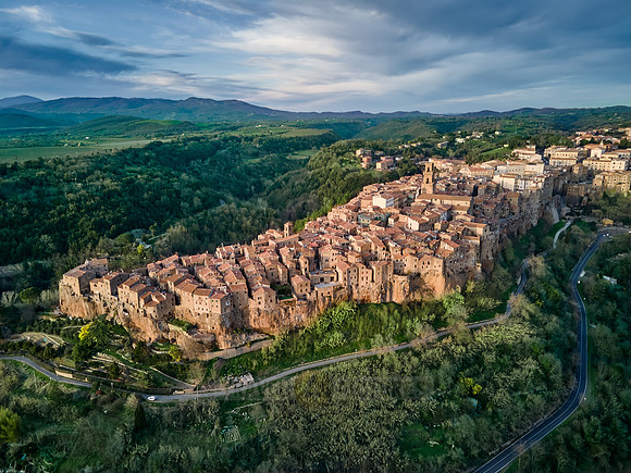 drone shot of medieval town Pitigliano